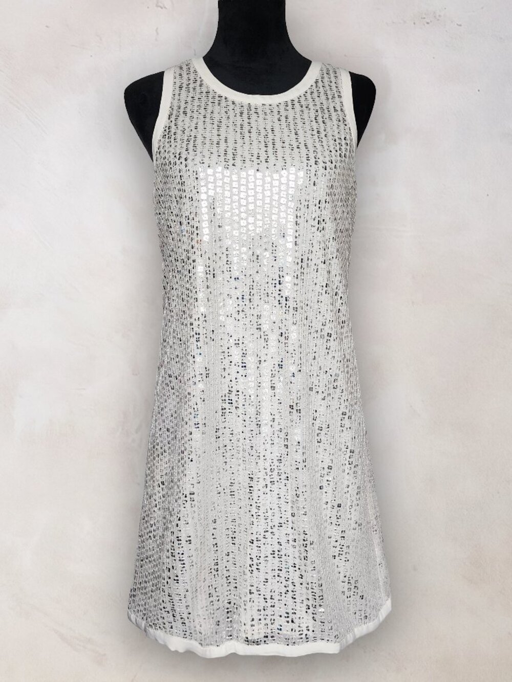 Calvin Klein Ivory Silver Sequin Tank Mini Dress Racerback Cocktail